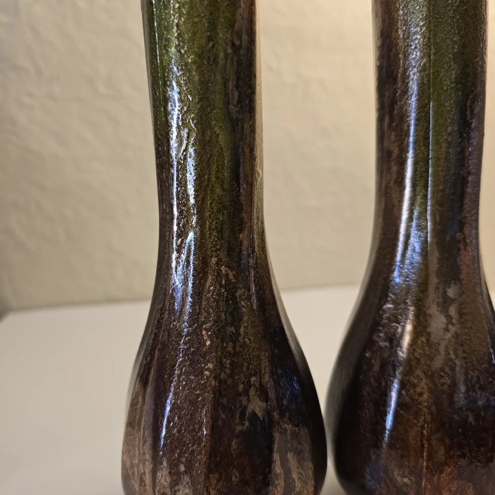 2 HANDCRAFTED Upcycled Glass Vases Brown & Copper HANDPAINTED Tabletop Art Decor
